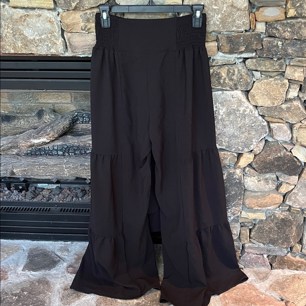 Black Wide Leg Tiered Tie Front Solid Stretchy Waist Pants